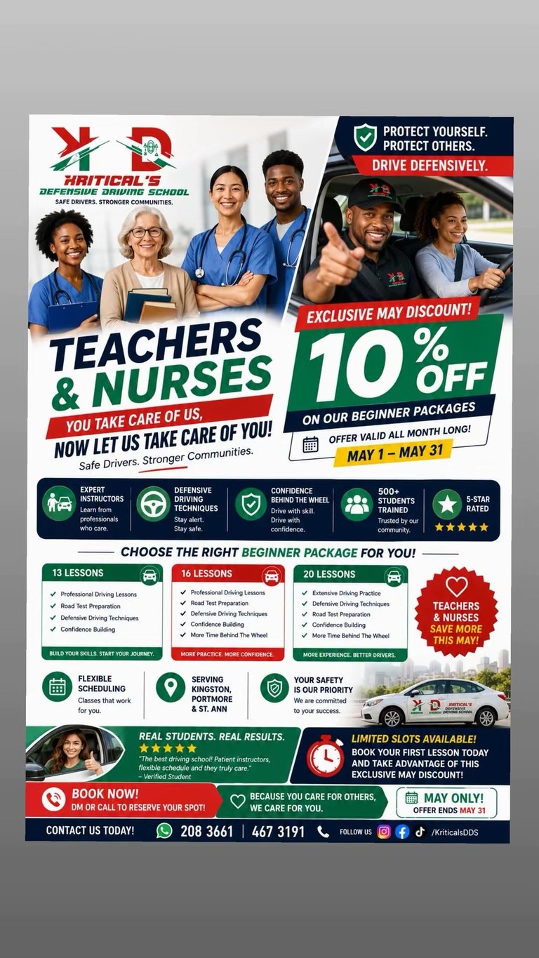 Promotional flyer for Harticals Defensive Driving School offering 10% discount on beginner packages for teachers and nurses in May